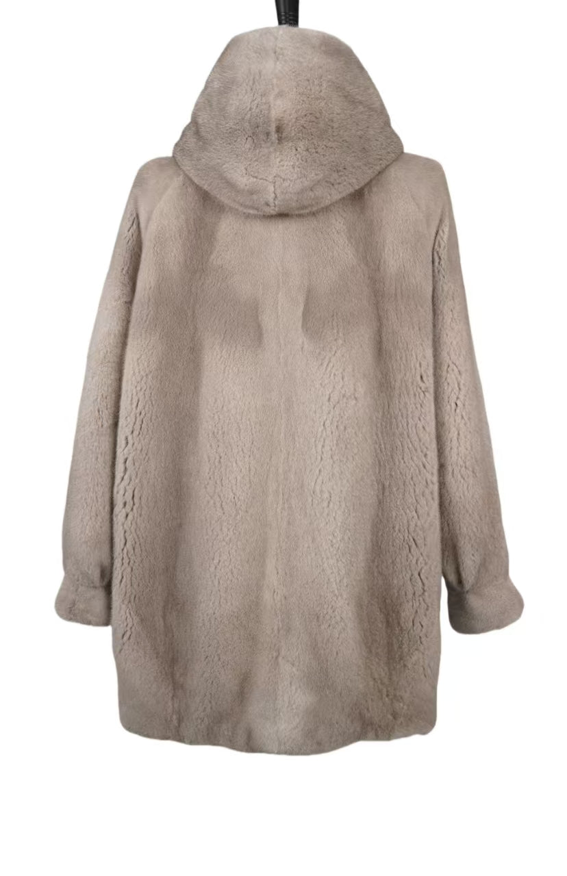 Hooded Silver-Blue Mid-length Mink Coat