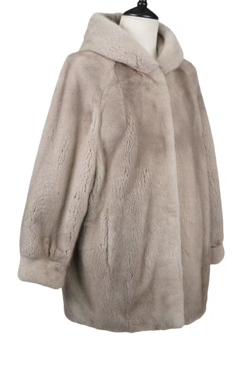 Hooded Silver-Blue Mid-length Mink Coat