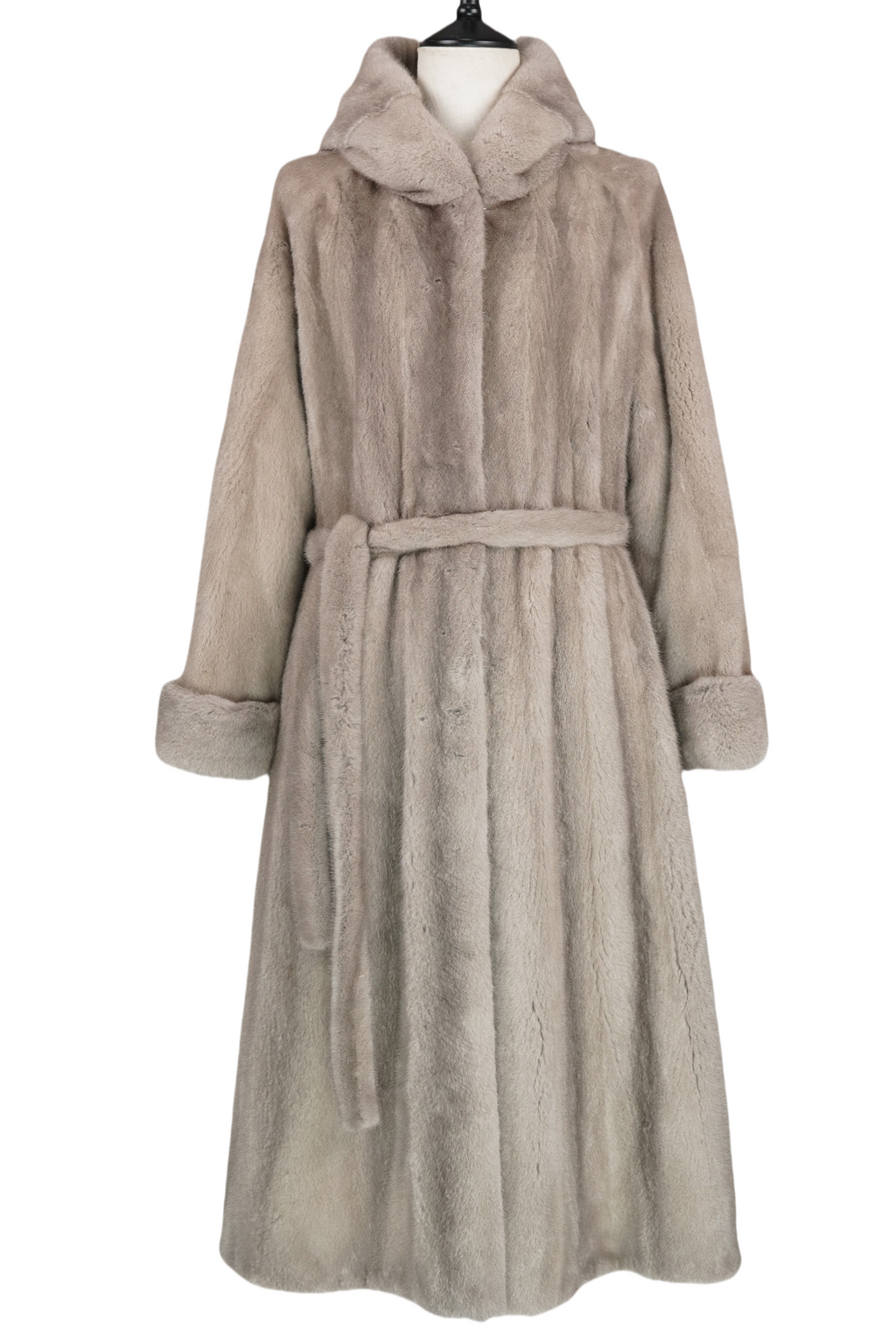 Hooded long mink coat in silvery blue