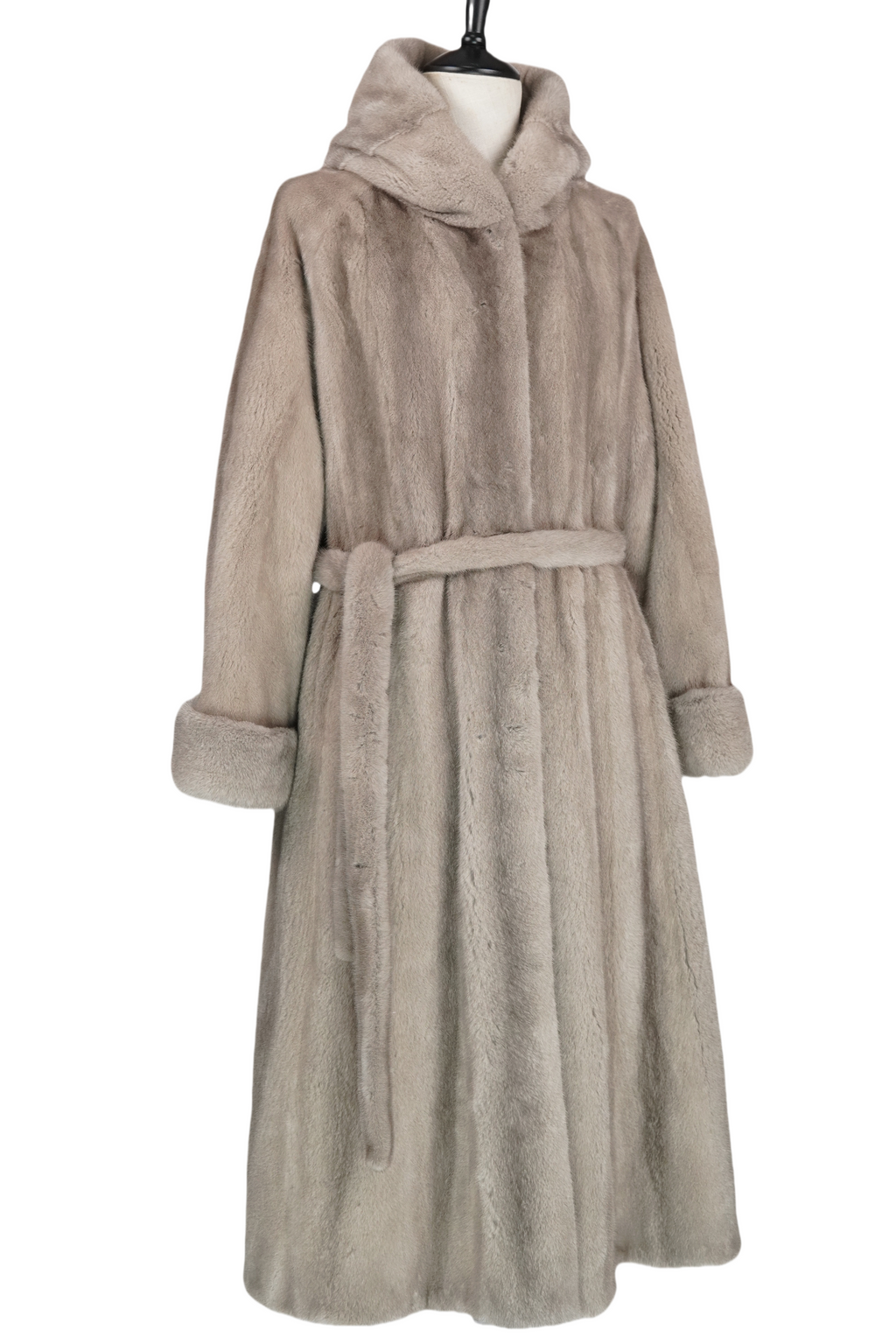 Hooded long mink coat in silvery blue