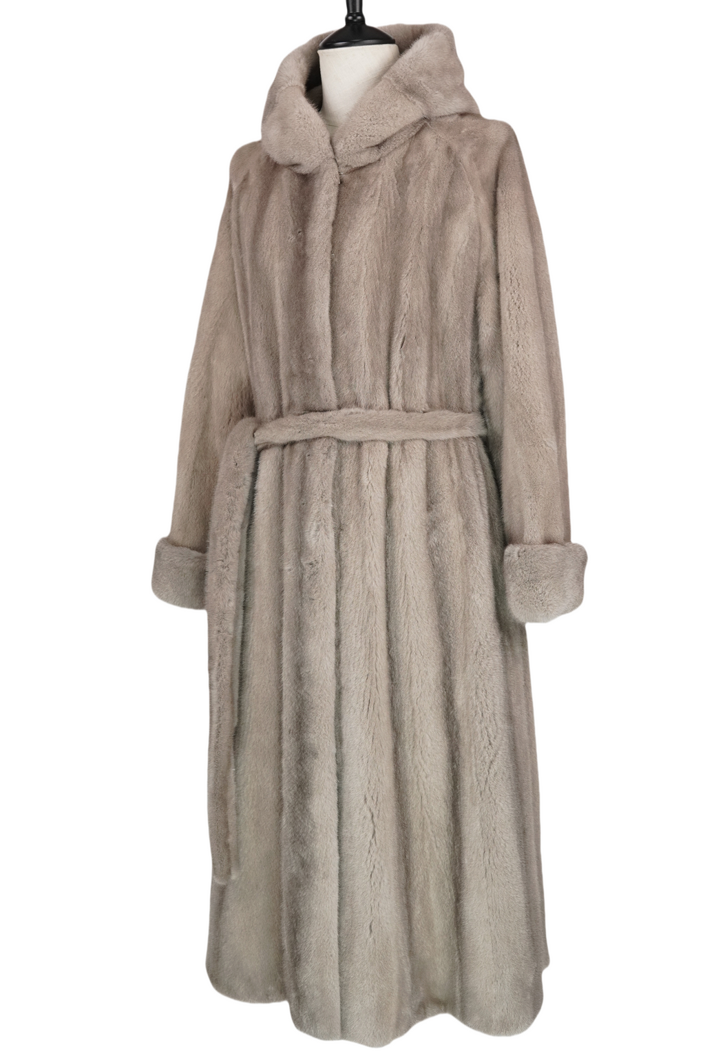 Hooded long mink coat in silvery blue