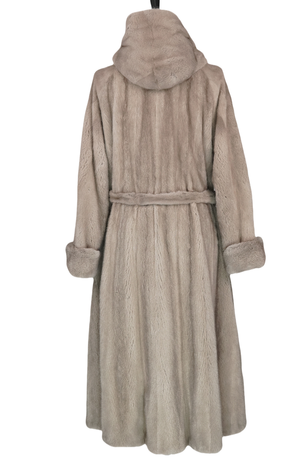 Hooded long mink coat in silvery blue