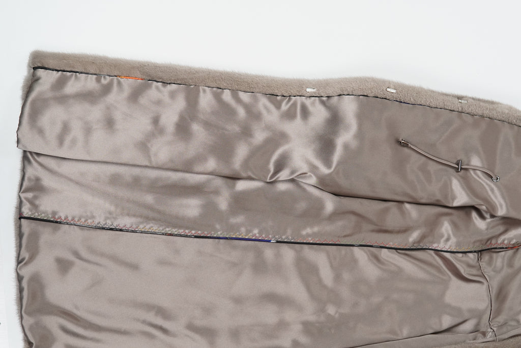 Hooded long mink coat in silvery blue