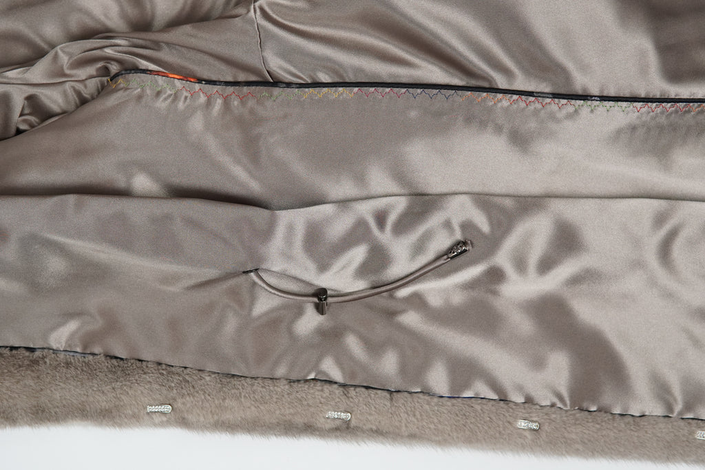 Hooded long mink coat in silvery blue