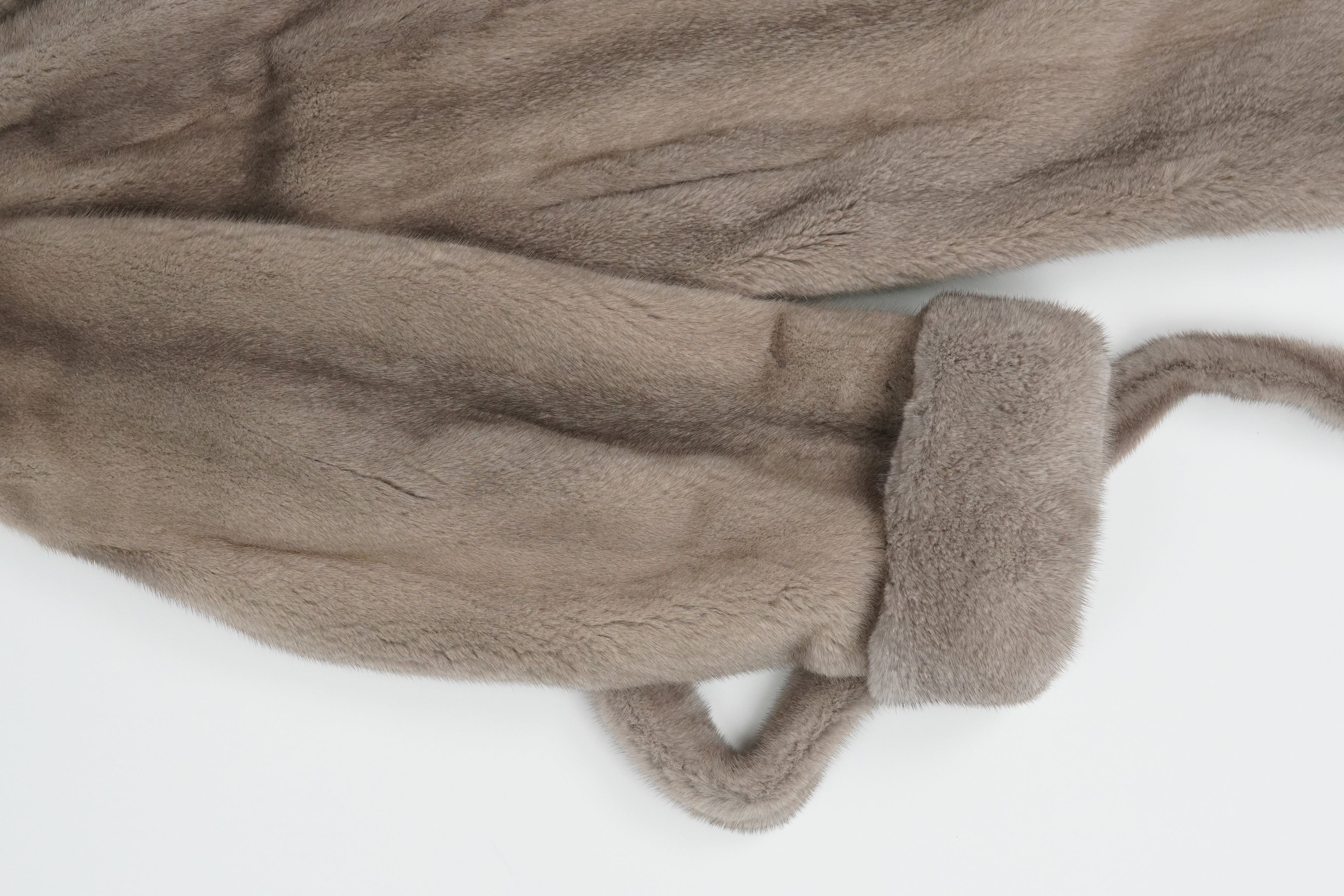 Hooded long mink coat in silvery blue