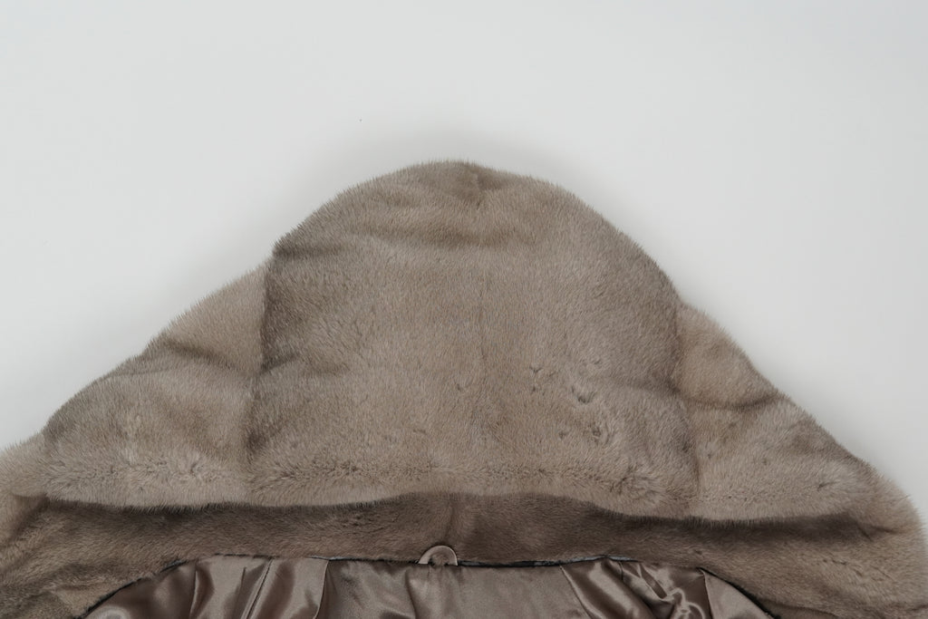 Hooded long mink coat in silvery blue
