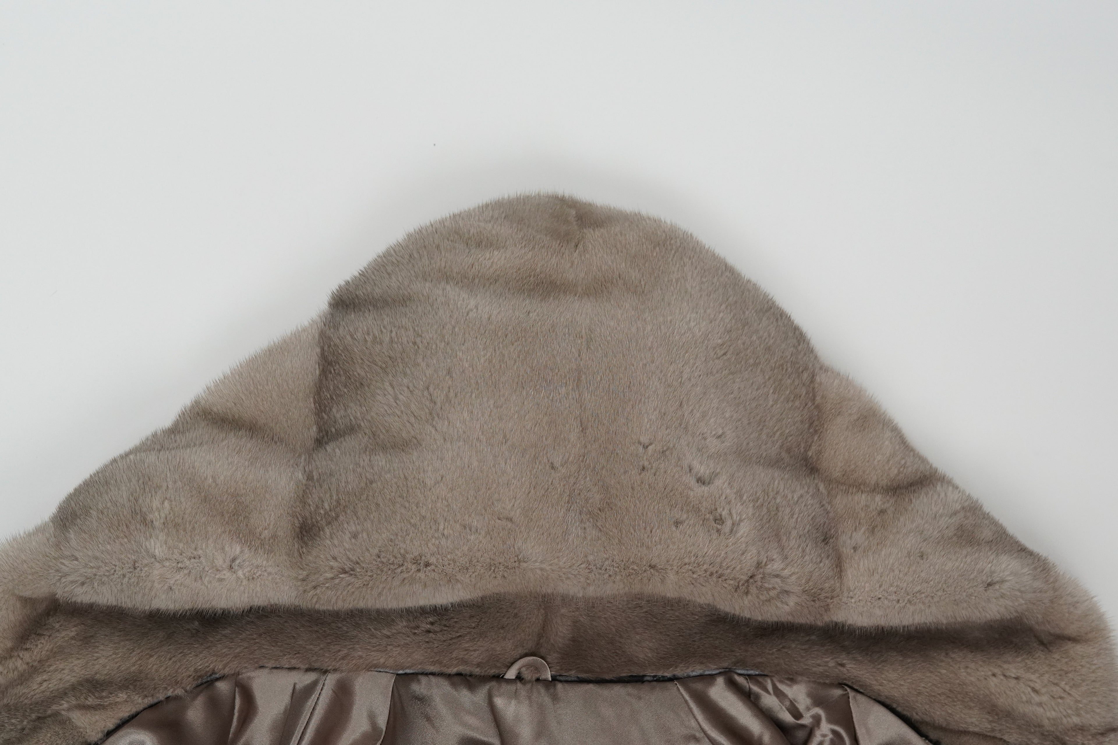 Hooded long mink coat in silvery blue